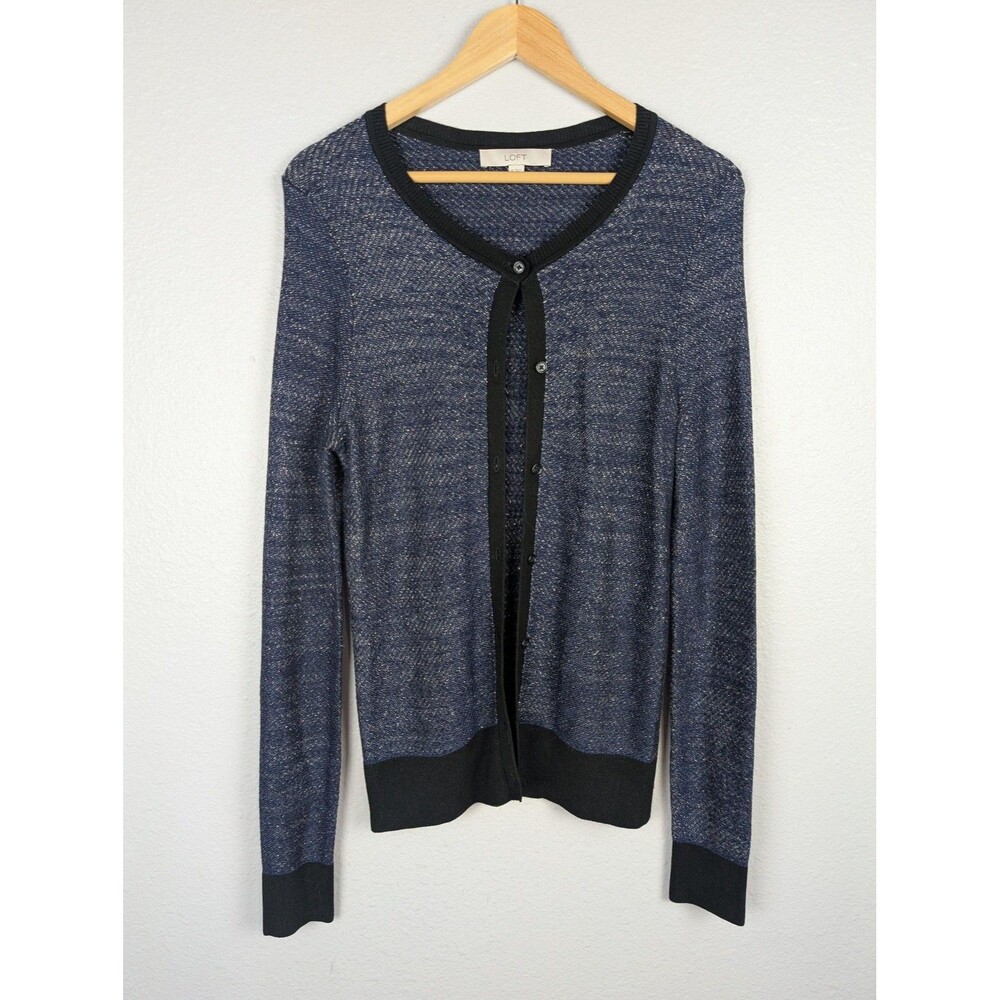 Ann Taylor LOFT Cardigan‎ Sweater Womens Medium Navy Black Metallic Button Front